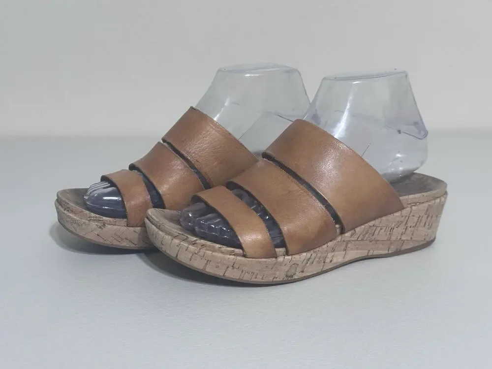 KORK-EASE Menzie Sandals Slide Women’s Beige Tan Leather Cork Wedge Strappy, 7